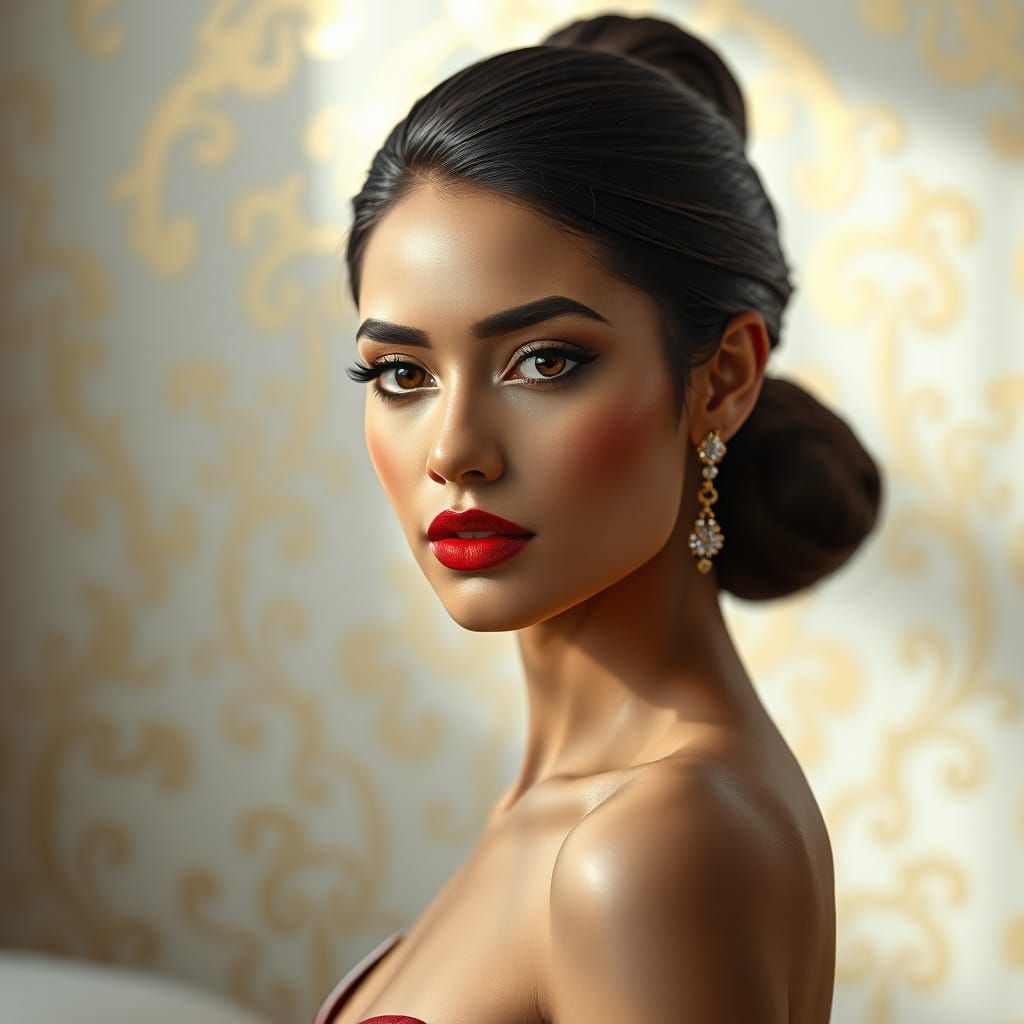 Elegant Persian Model in Lavish Setting with Golden Filigree