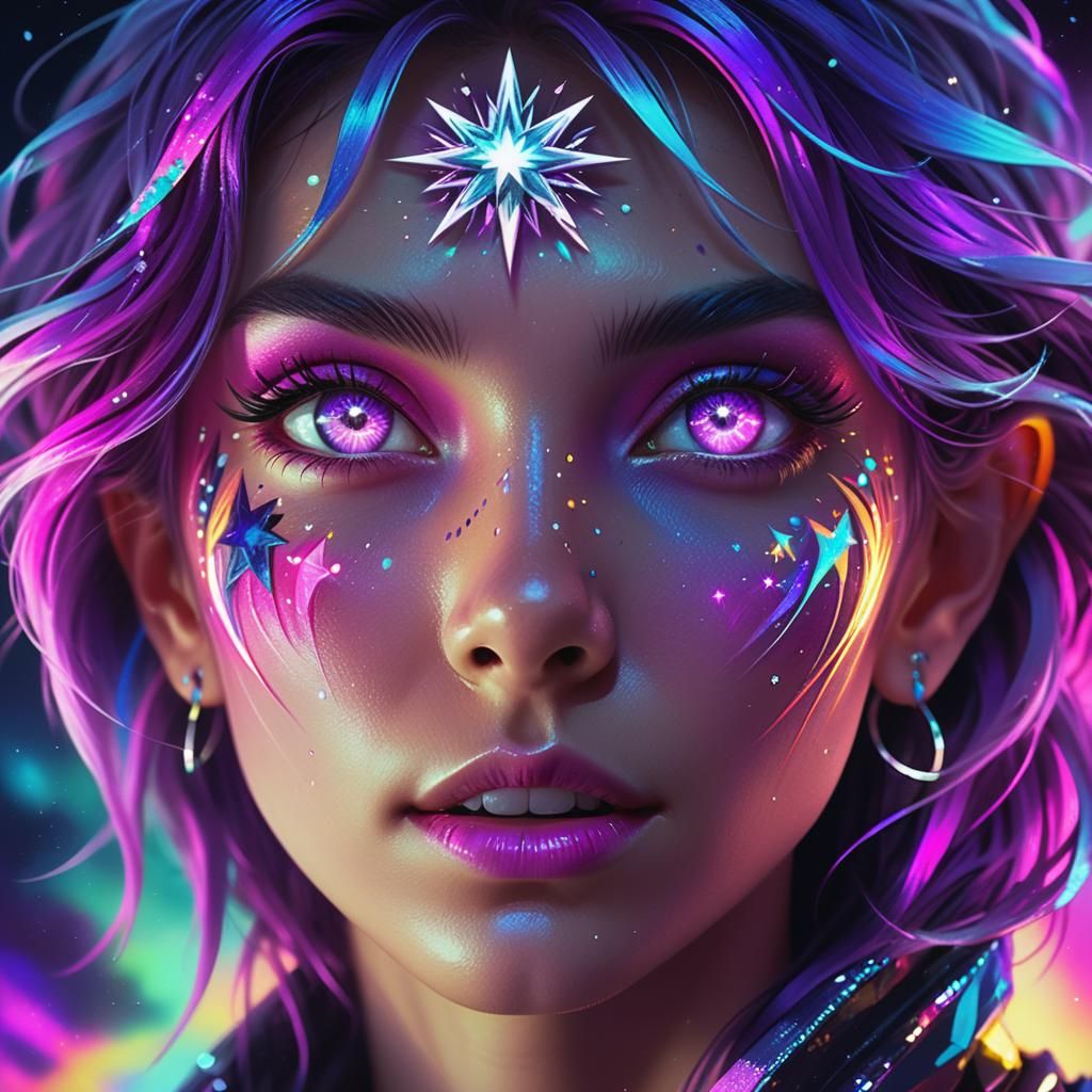 Luminous Woman with Diamond Eyes in Neon Digital Art