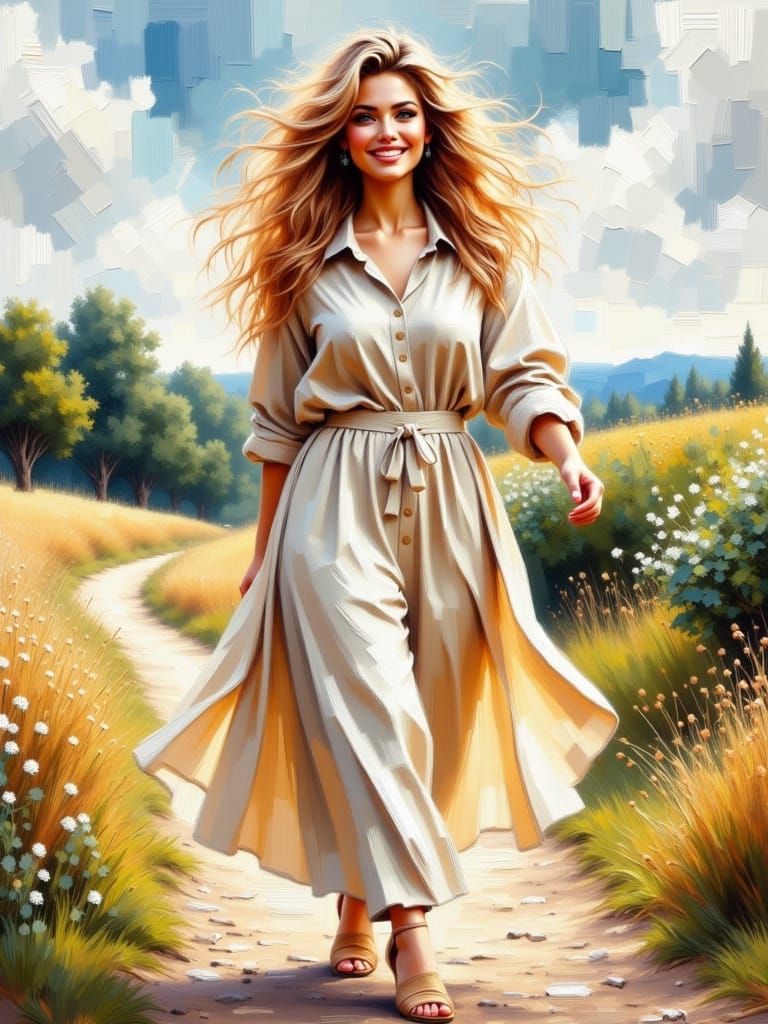 Elegant Blonde Woman in English Landscape Painting