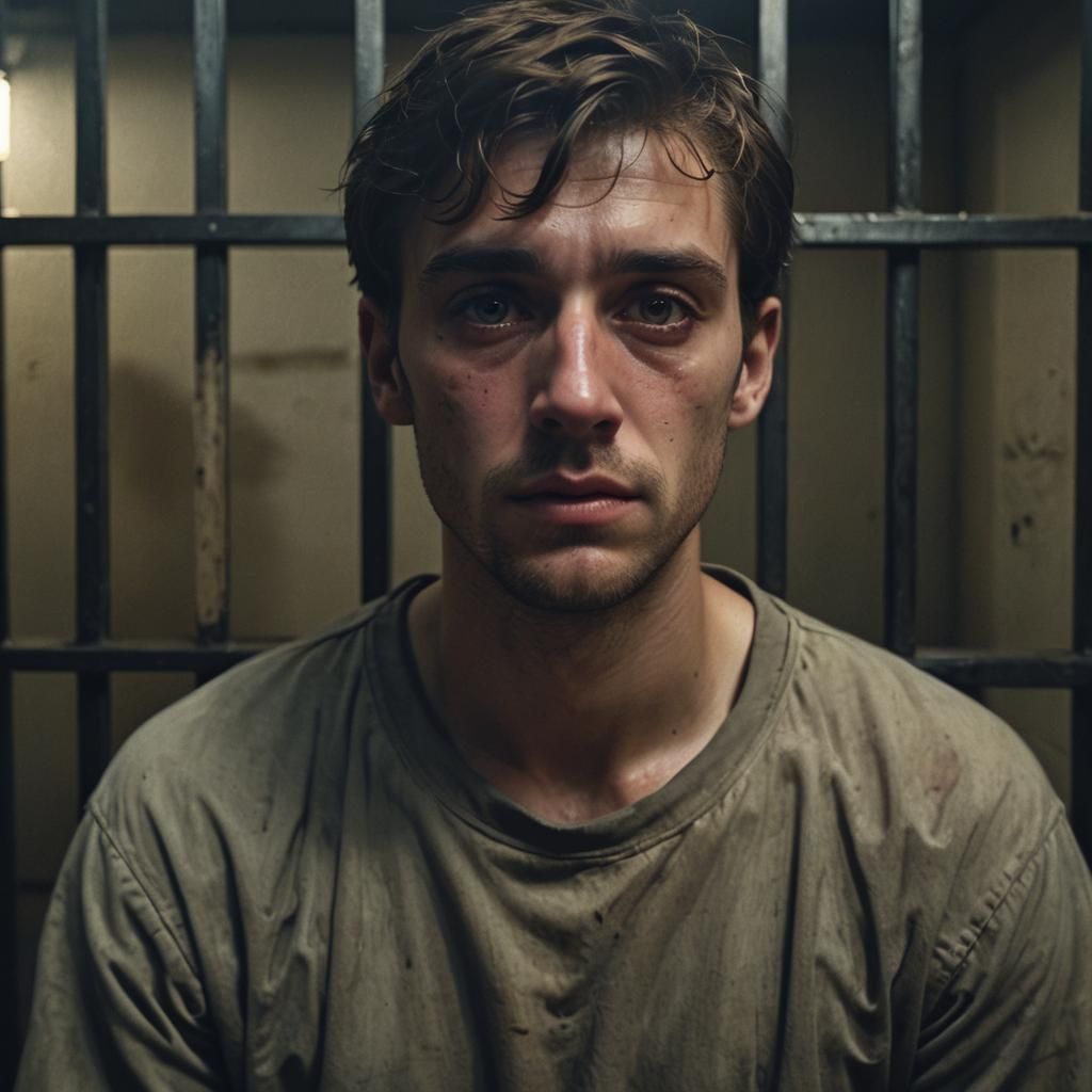 Melancholic Englishman in Prison Cell: Cinematic Still