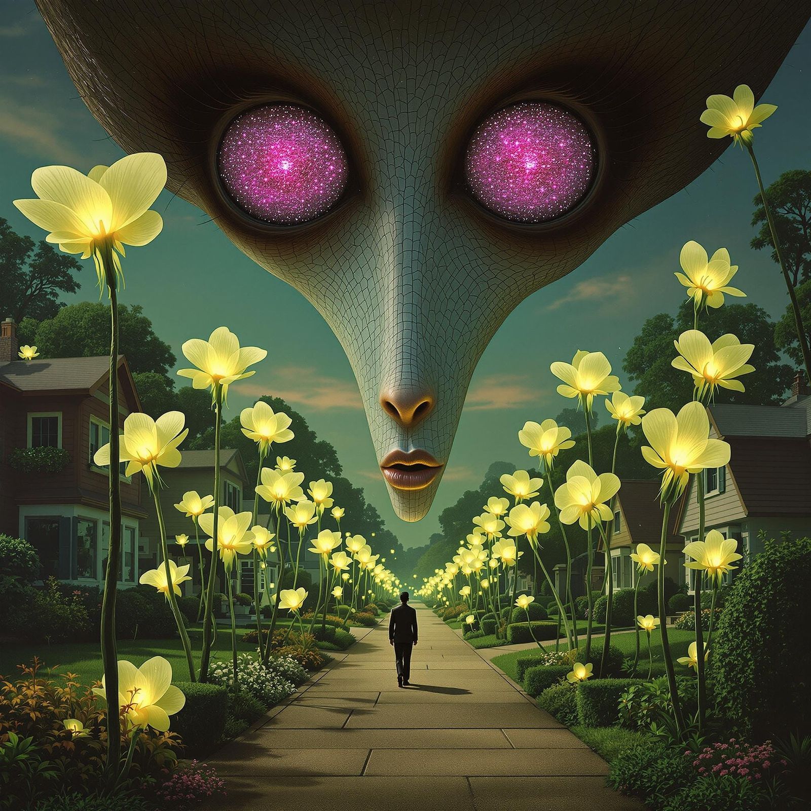 Surreal Goddess Rises Above Suburban Bliss