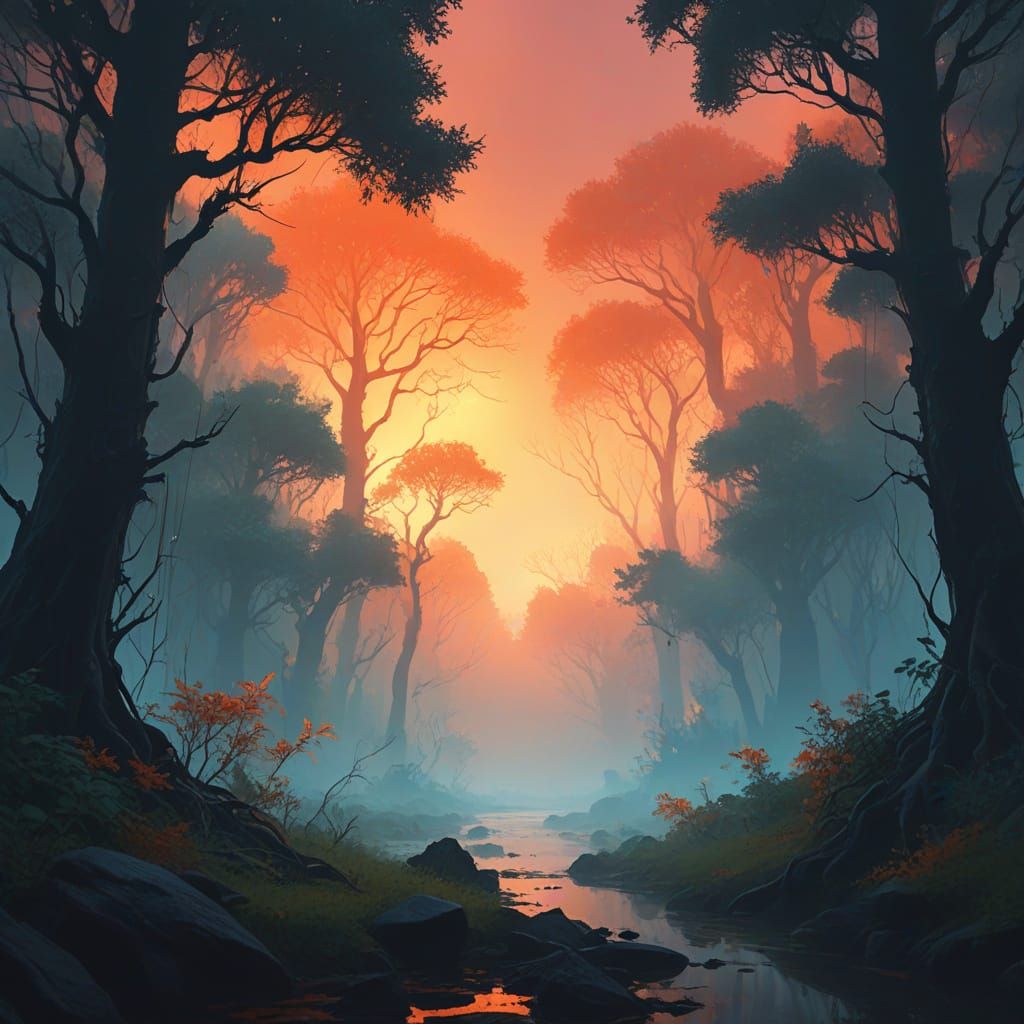 Dreamlike Landscape: Trees Dissolving in Expressionist Style