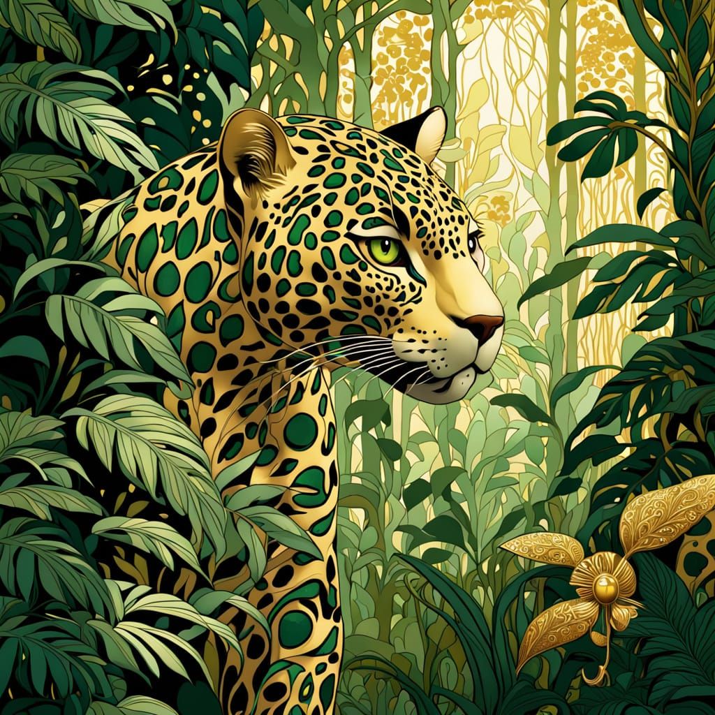 Art Nouveau Jaguar in Golden Undergrowth