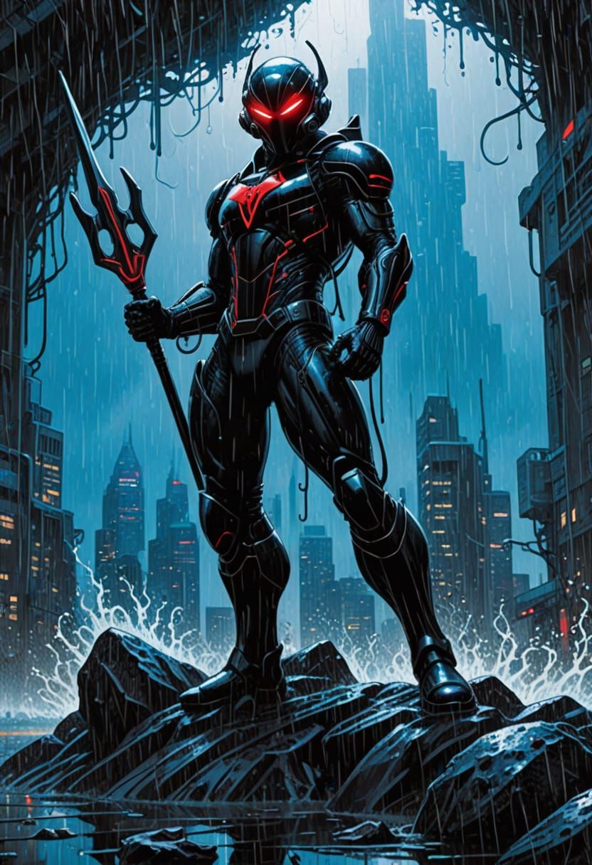 Black Manta with Trident in Rain, Comic Art Style