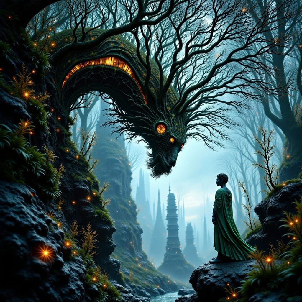 Whimsical Forest Monster Under Diamond Light Grid