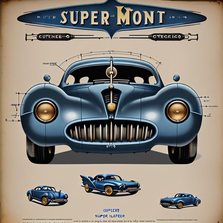 1950s Blue Supercar Steampunk Engine Blueprint