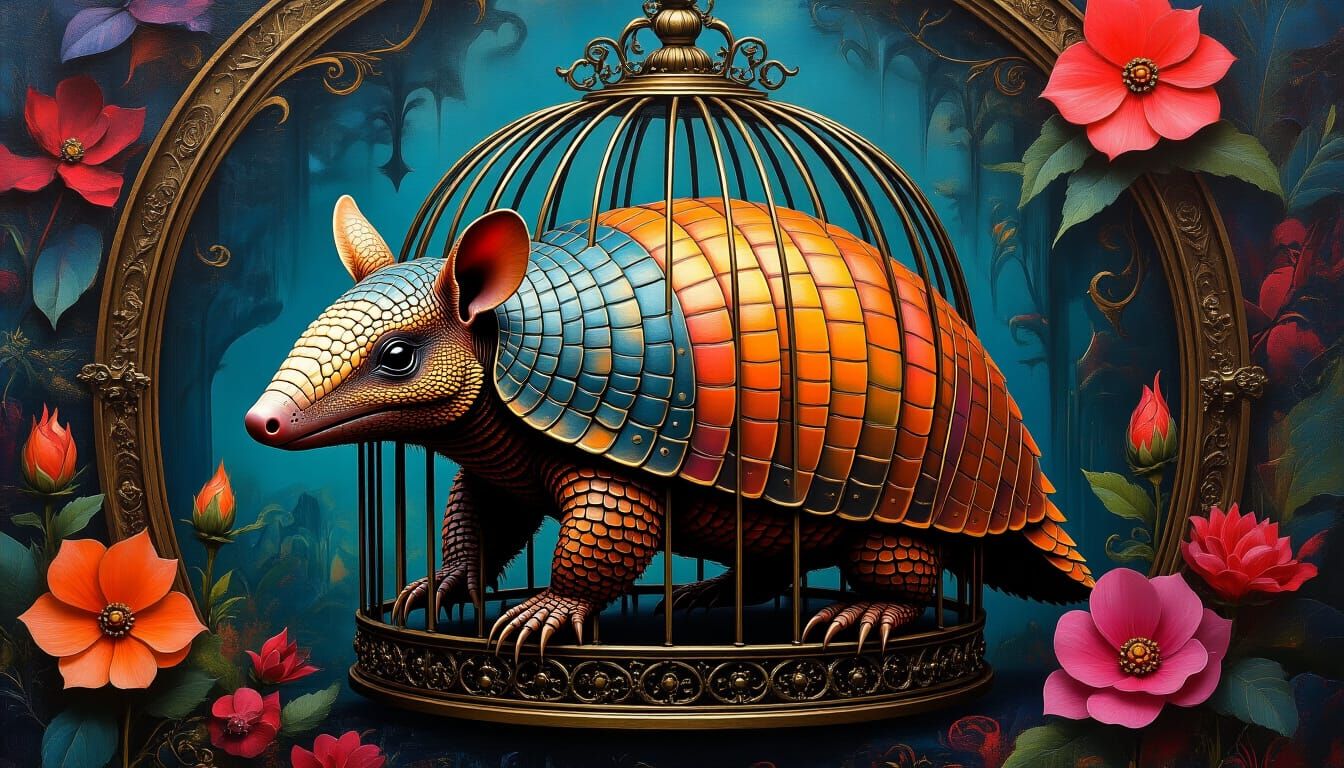 Surreal Armadillo in Gothic Birdcage Collage