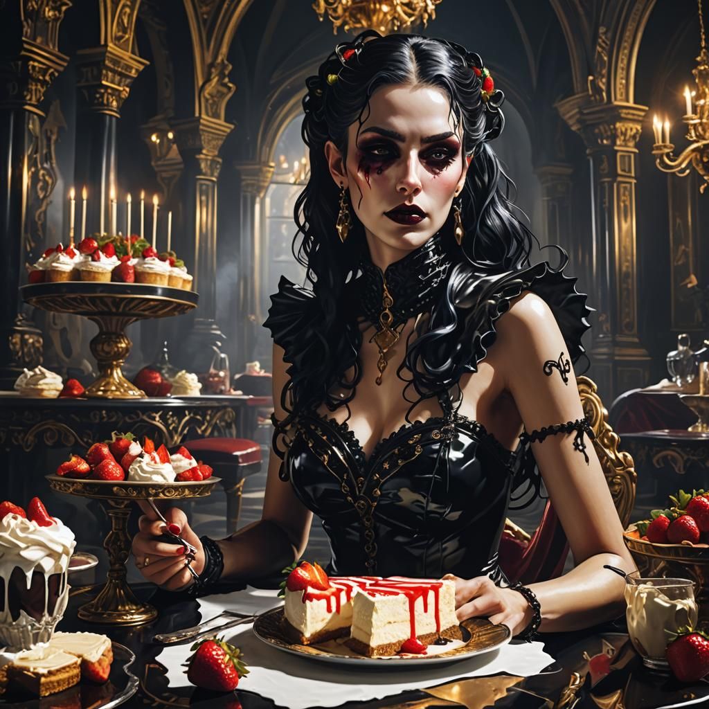 Gothic Woman's Decadent Cheesecake: Dark Fantasy Art