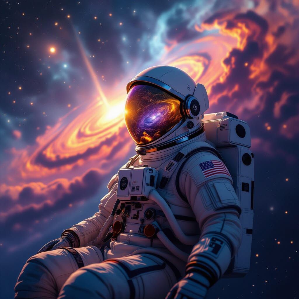 Astronaut Adrift in Nebula Reflecting Galaxy
