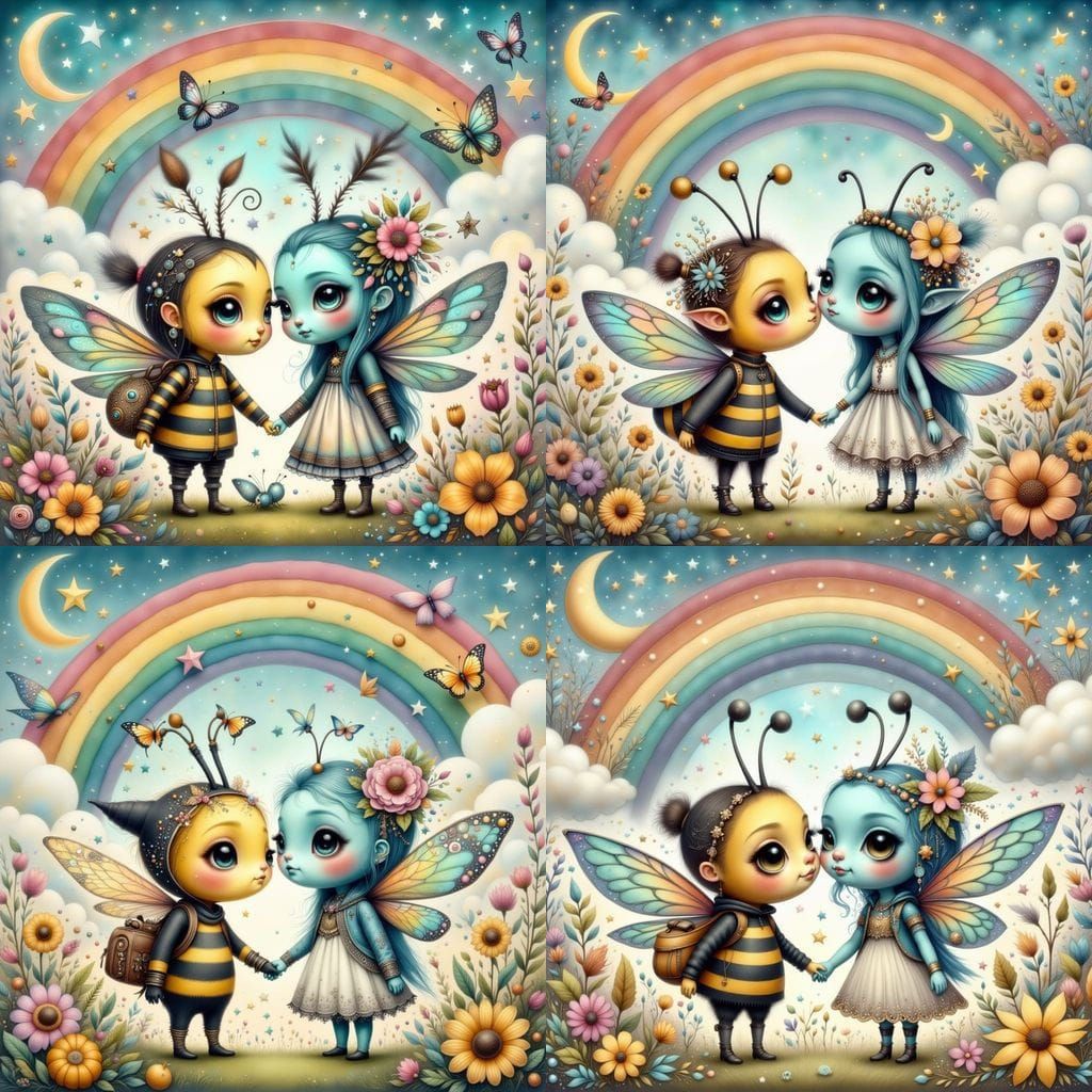 Whimsical Chibi Bee and Butterfly Embrace Under a Vibrant Ra...