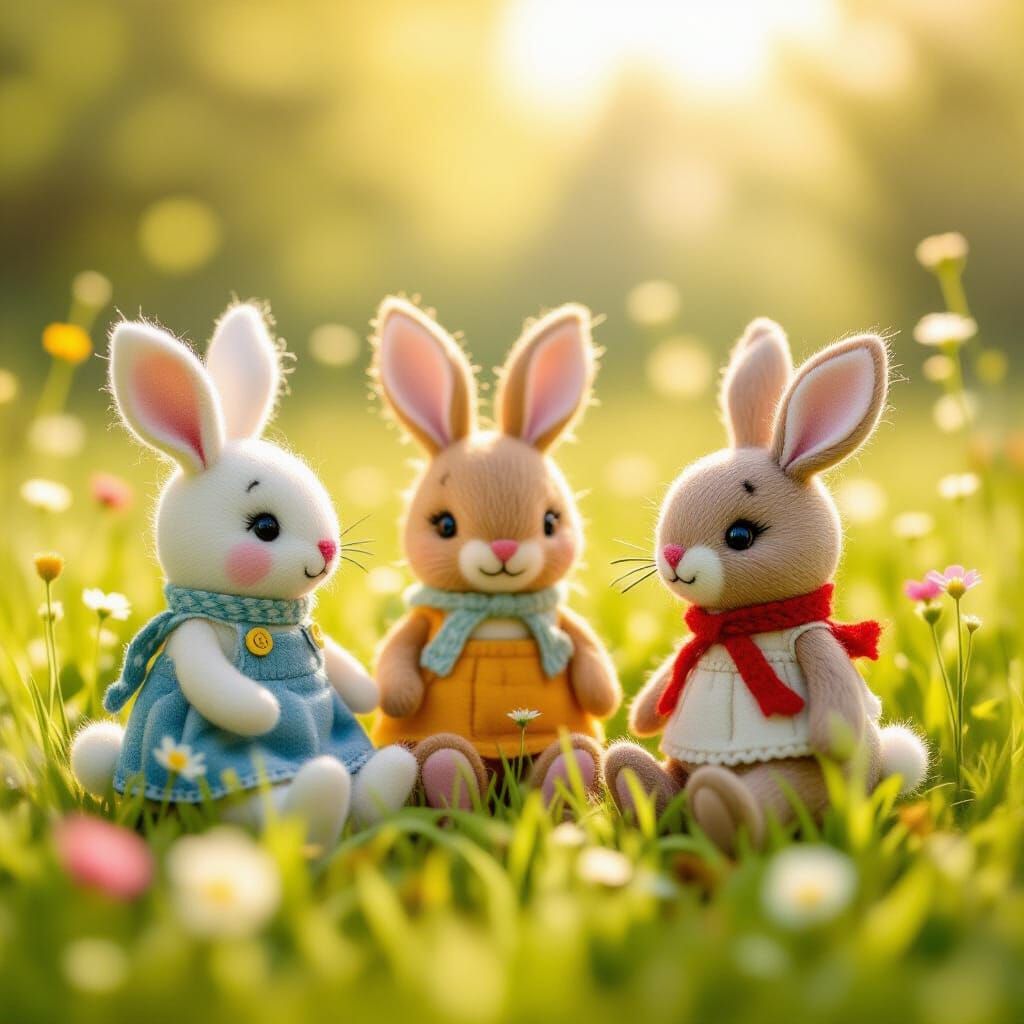 Whimsical Felt Characters in Sunlit Meadow
