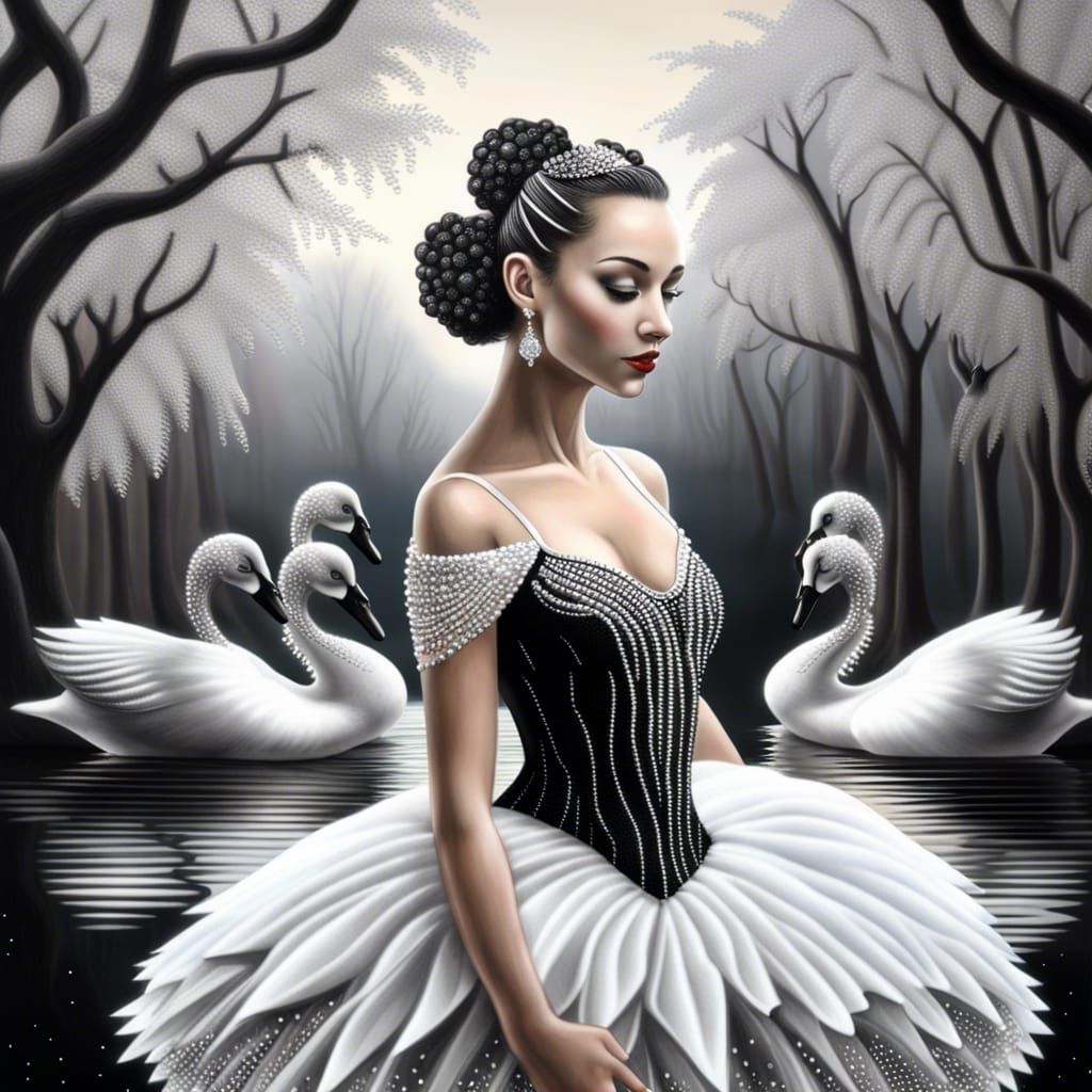 Hyperrealistic Ballerina Dancing on Lake with Swans