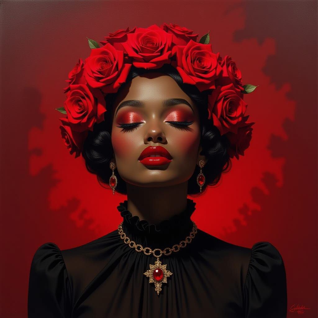 Gothic Romance Scene with Deep Red Roses and Chains