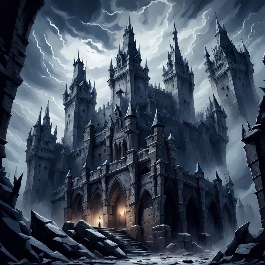 Menacing Castle with Gargoyles in Dark Fantasy Style