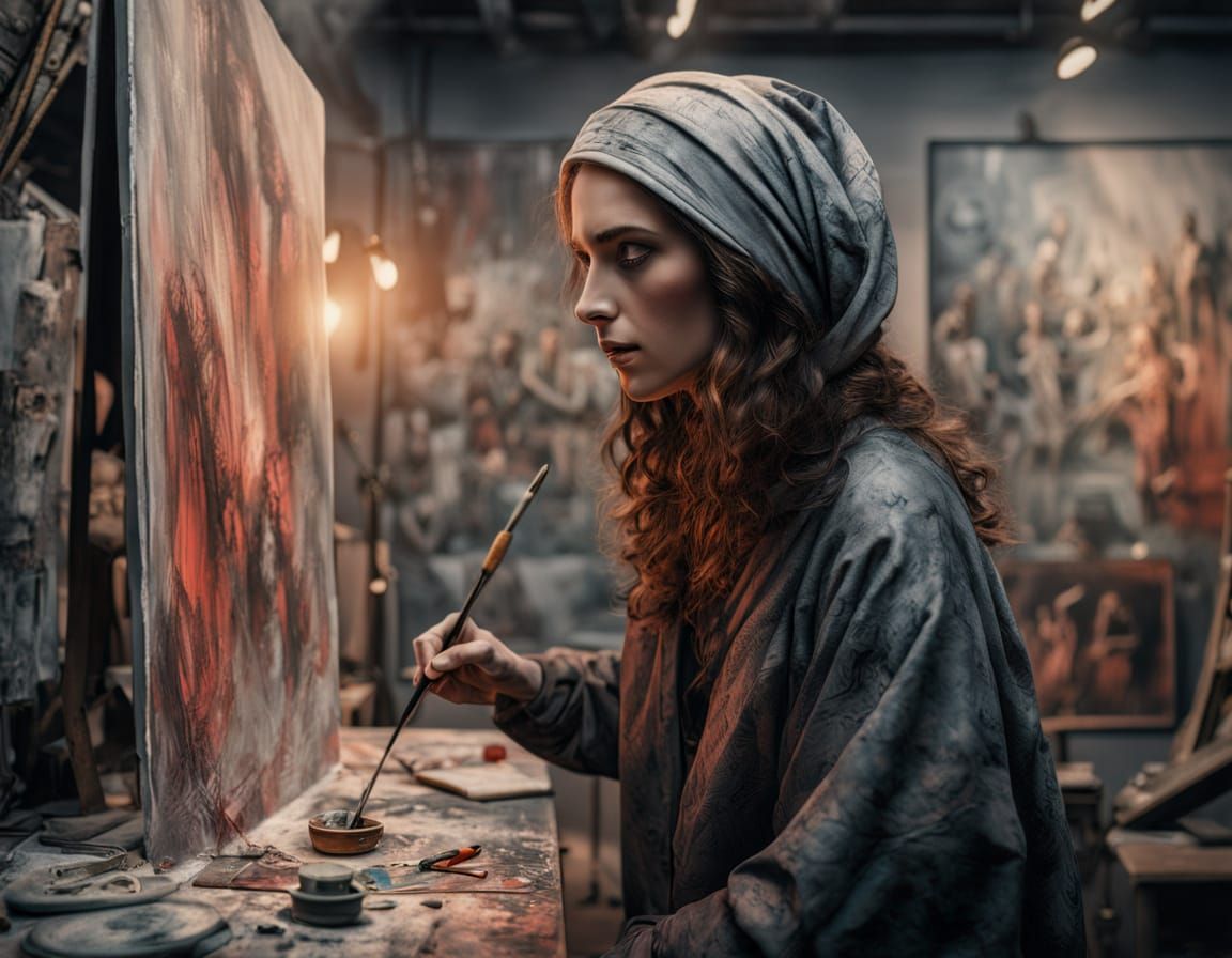 Artist in Studio Painting a Dripping Woman