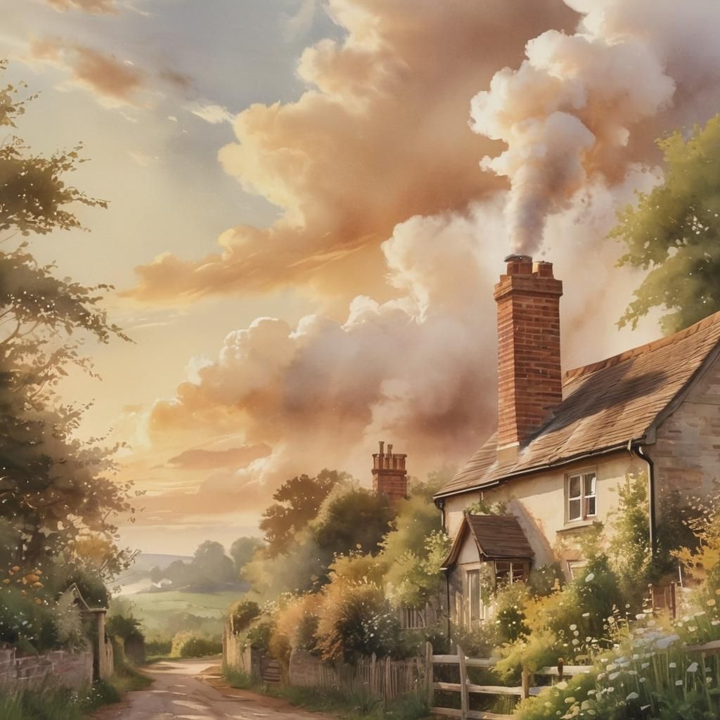 English Cottage in Watercolor With Smoke Bending