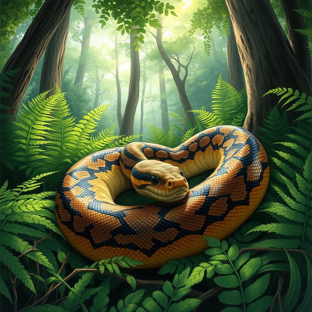 Ball Python in Lush Forest Illustration
