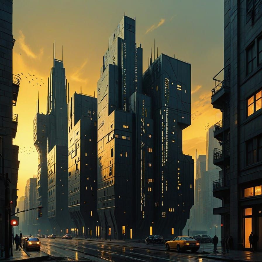 Ethereal Cityscape Under Yellow Sky with Black Stars