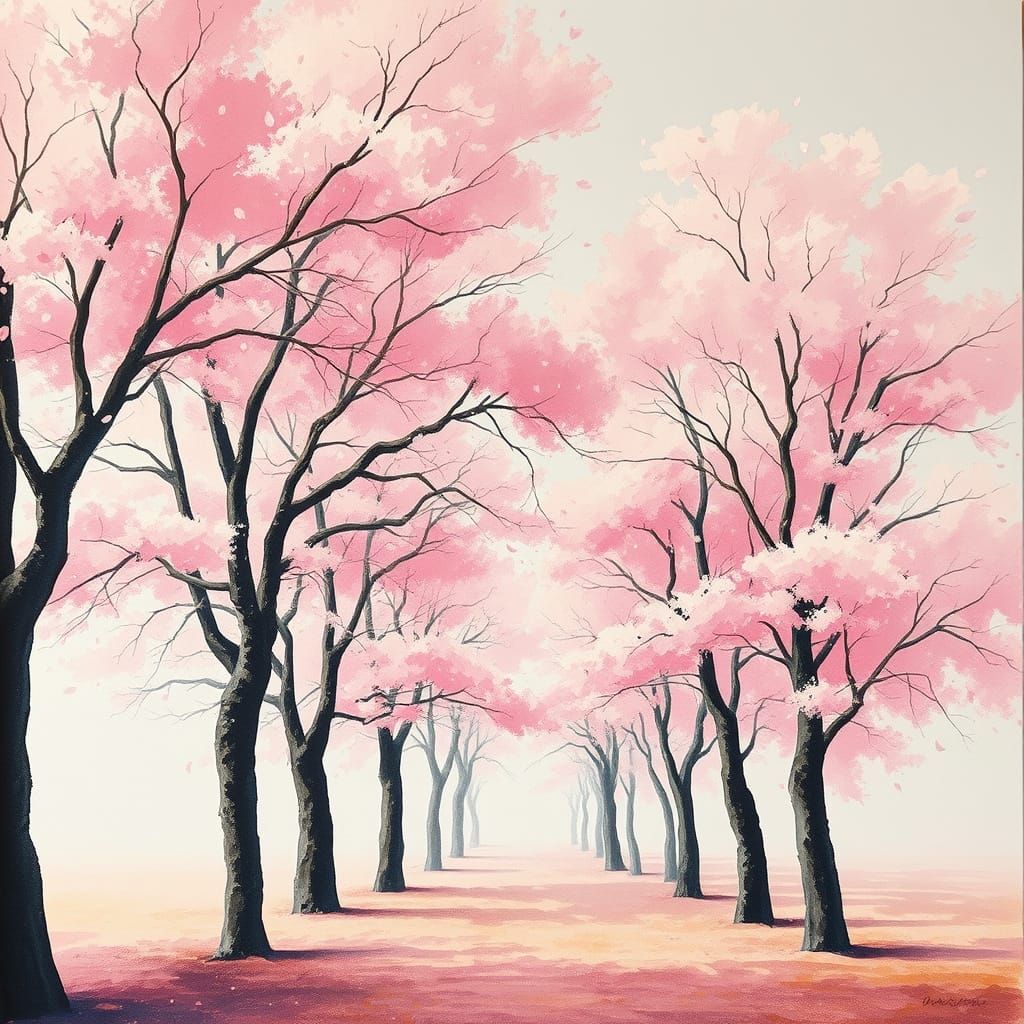 Pink Blossom Trees: Gouache Impressionist Masterpiece