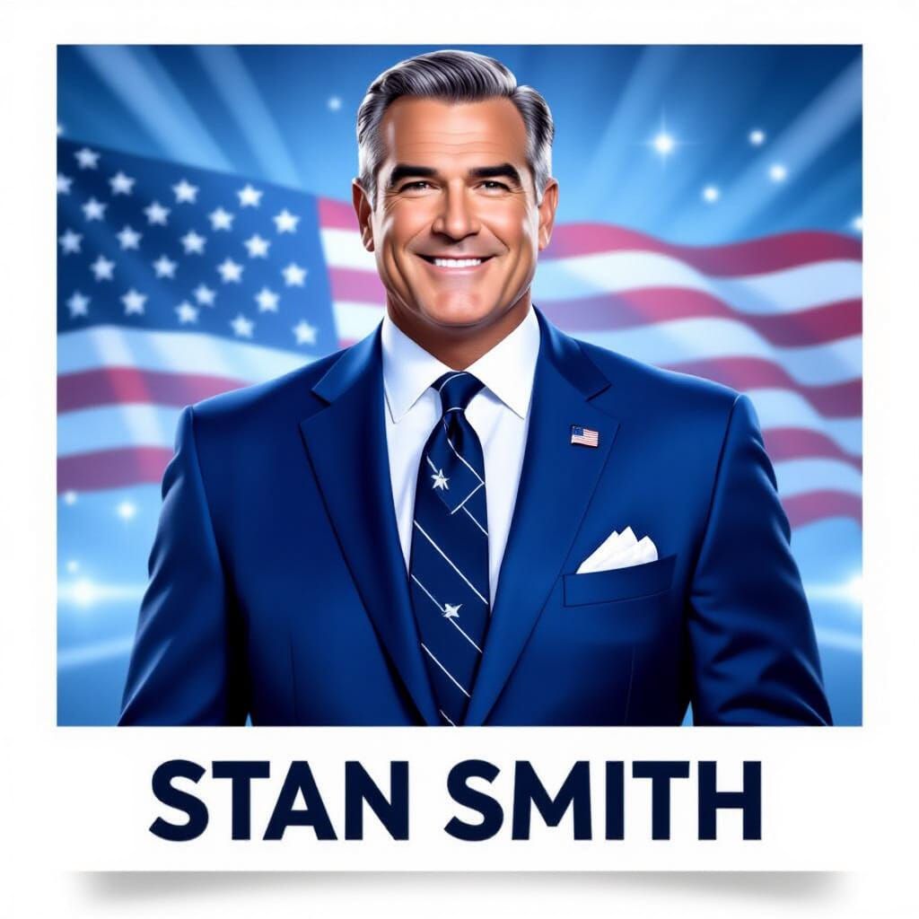 Muscular Man in Blue Suit with US Flag Pin