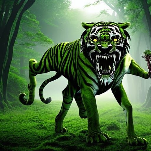 Broccoli-headed Killer Tiger Zombie: A haunting figure appears—a broccoli-headed zombie! Its rotting face sprouts verdan...
