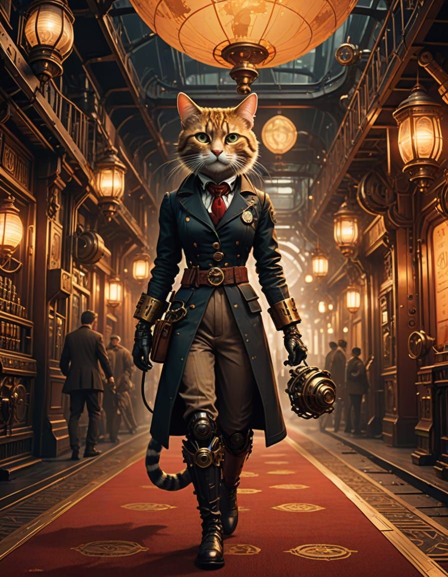 Steampunk Feline Siren in Victorian Elegance