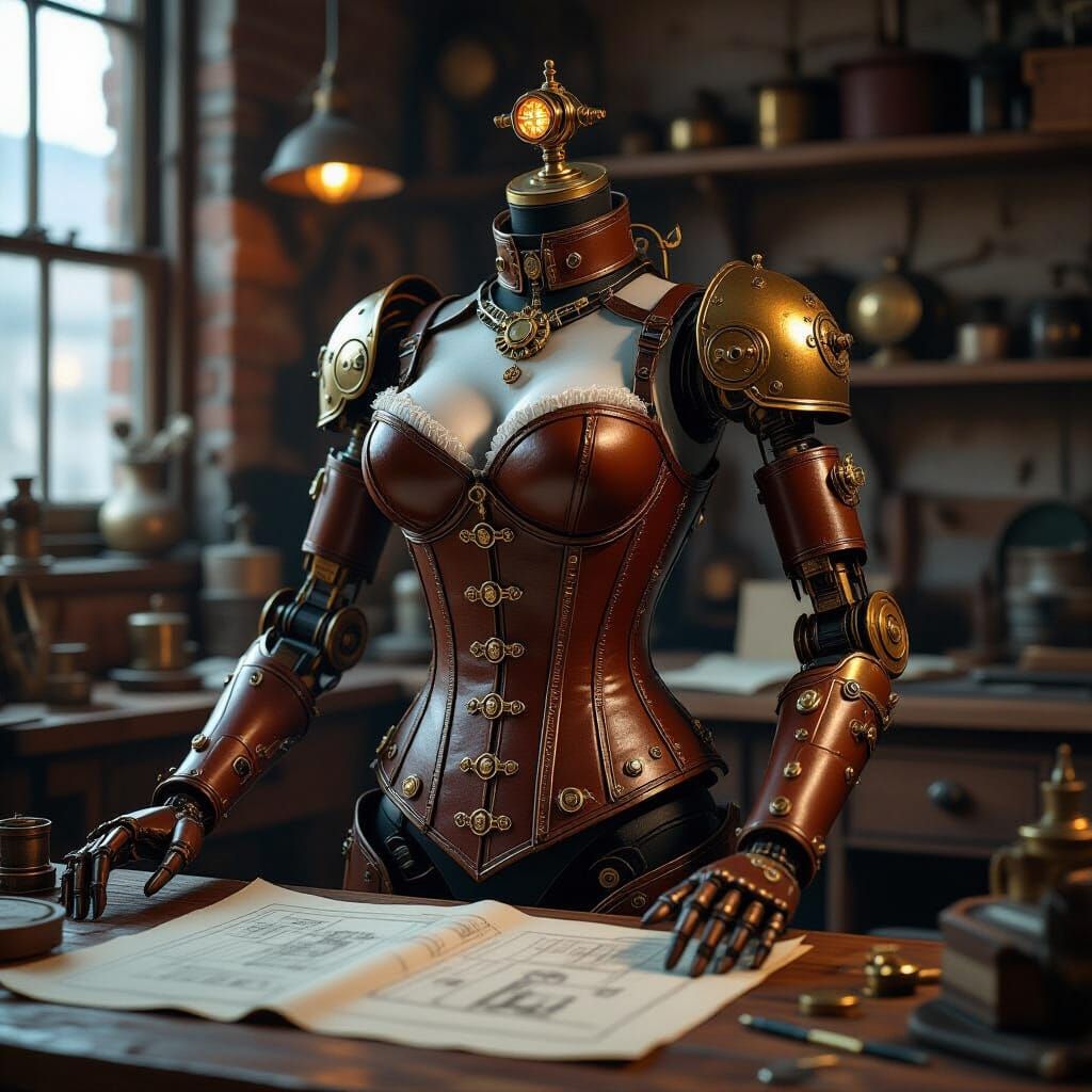Steampunk Automaton in Victorian Workshop with Brass Gears