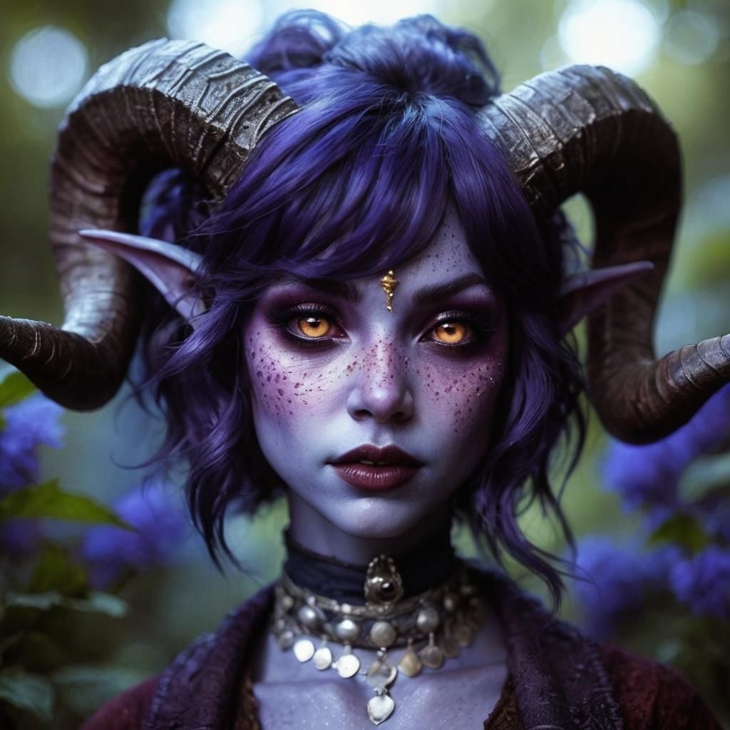 Tiefling Woman with Lavender Skin in Festive Scene