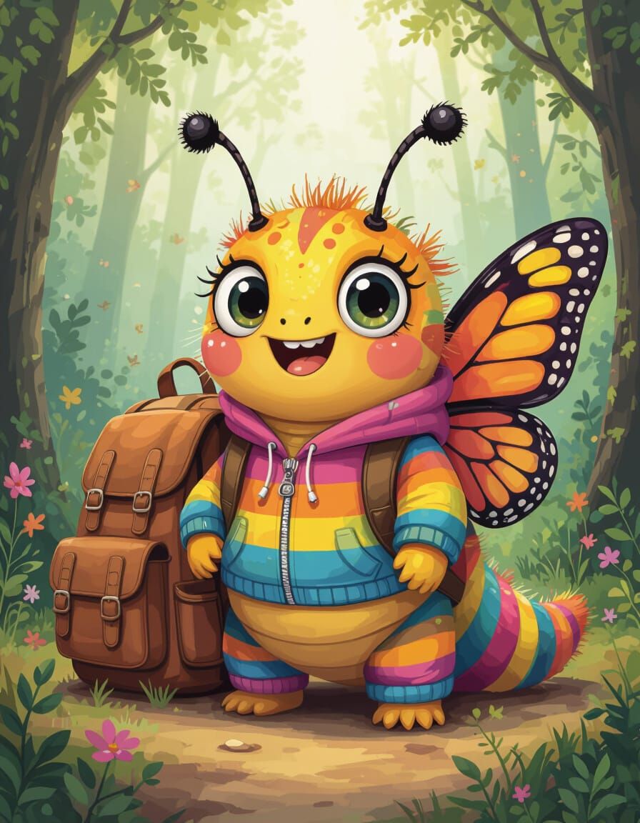 Whimsical Caterpillar with Butterfly Wings in Forest