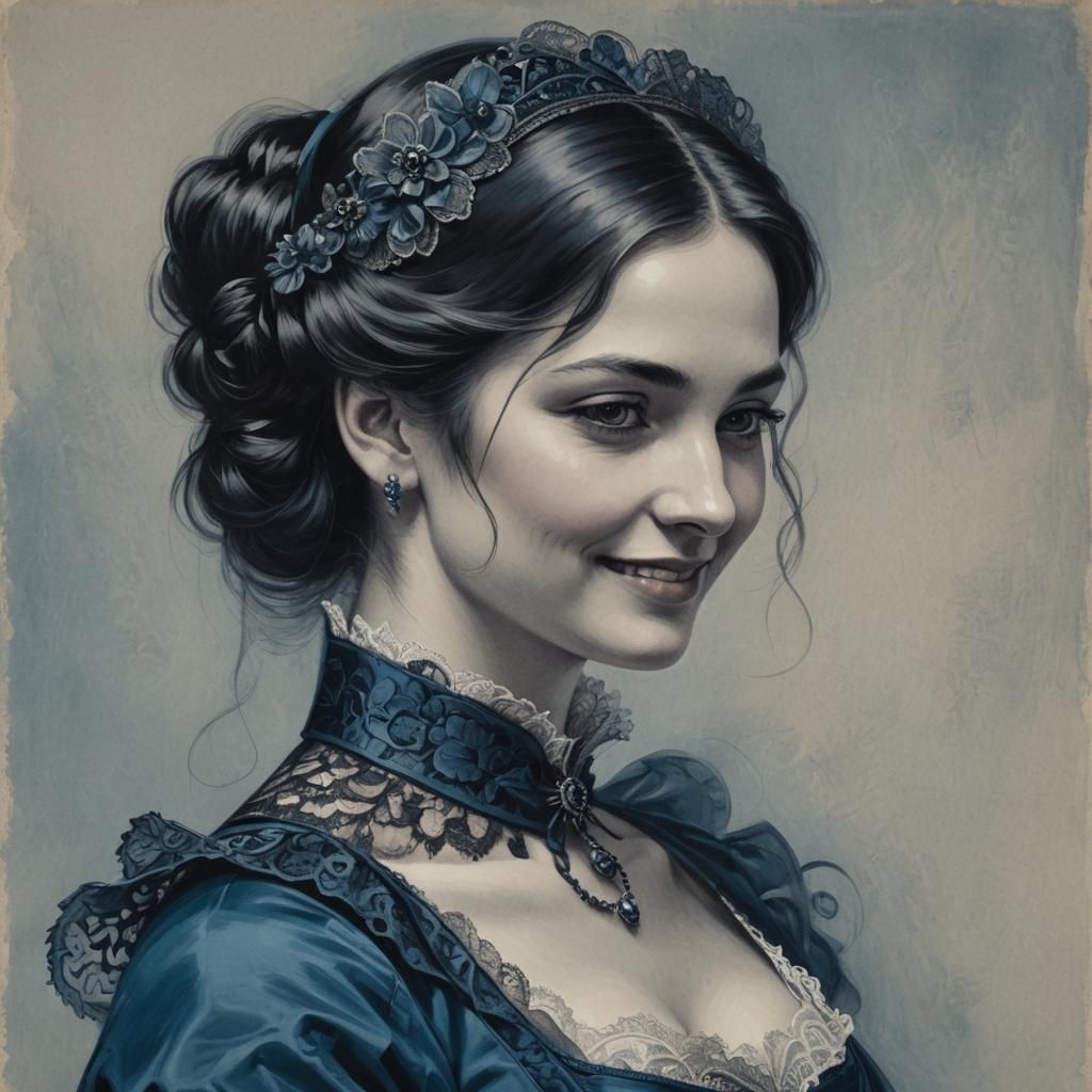 Monochromatic Prussian Blue Portrait of Smiling Woman