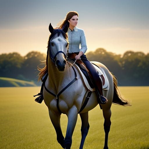 Photorealistic Portrait of Woman on Majestic Horse at Golden...