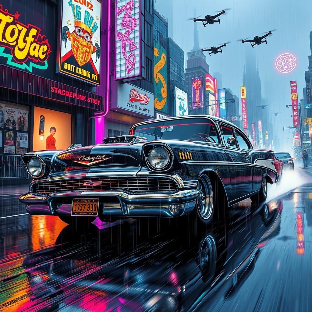 A heavily modified, chrome-plated 1957 Chevy Bel Air hurtles...