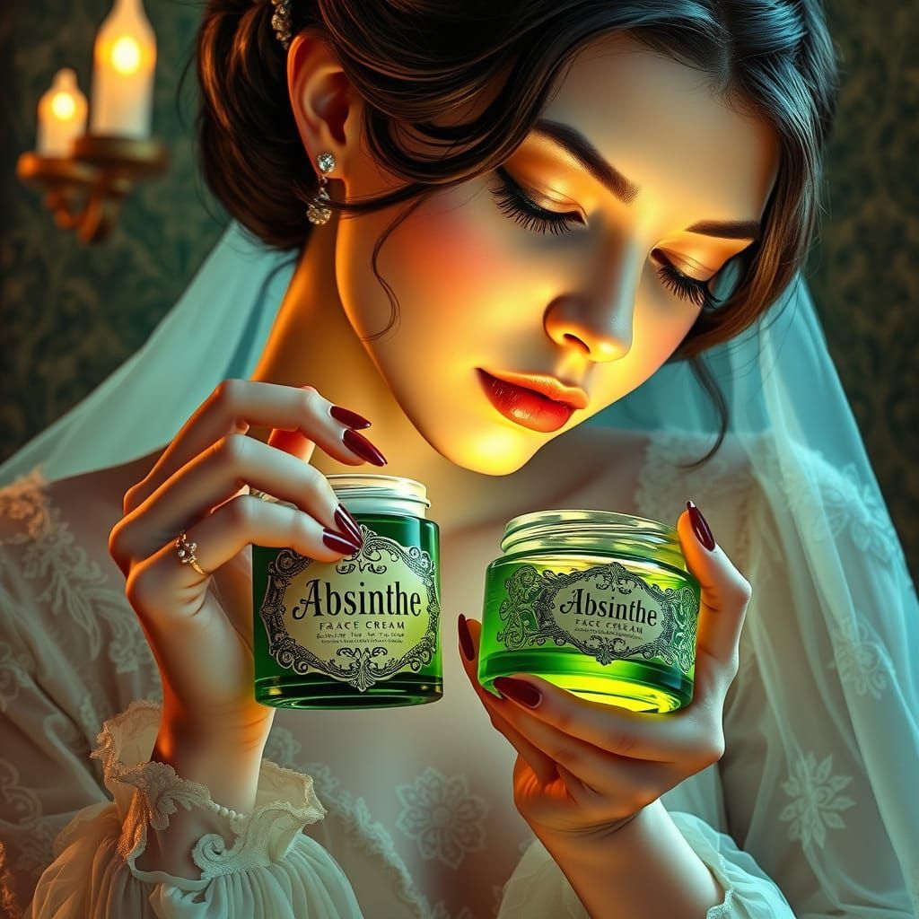 Elegant Woman in Art Nouveau Style Applies Absinthe Face Cre...