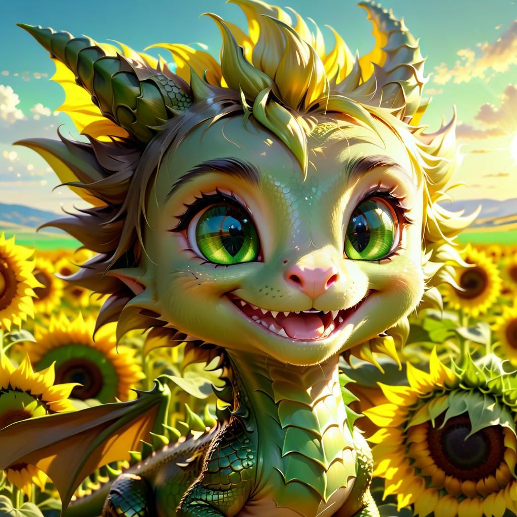 Adorable Green Dragon in Sunflower Field, Anime Style