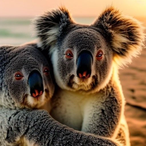 Koalas Hugging on the Beach at Sunset