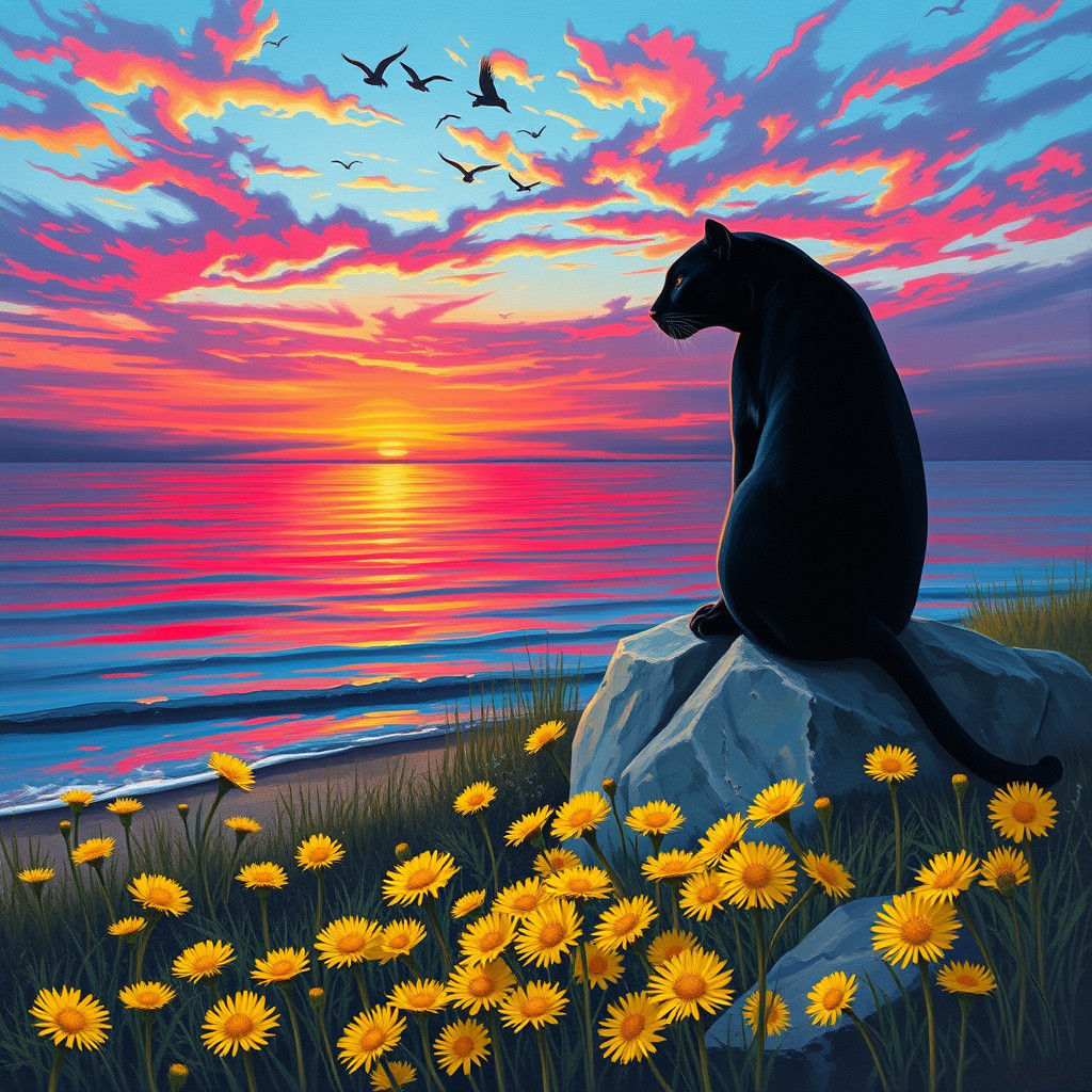 Panther Contemplates Sunset Seascape in Graffiti Style