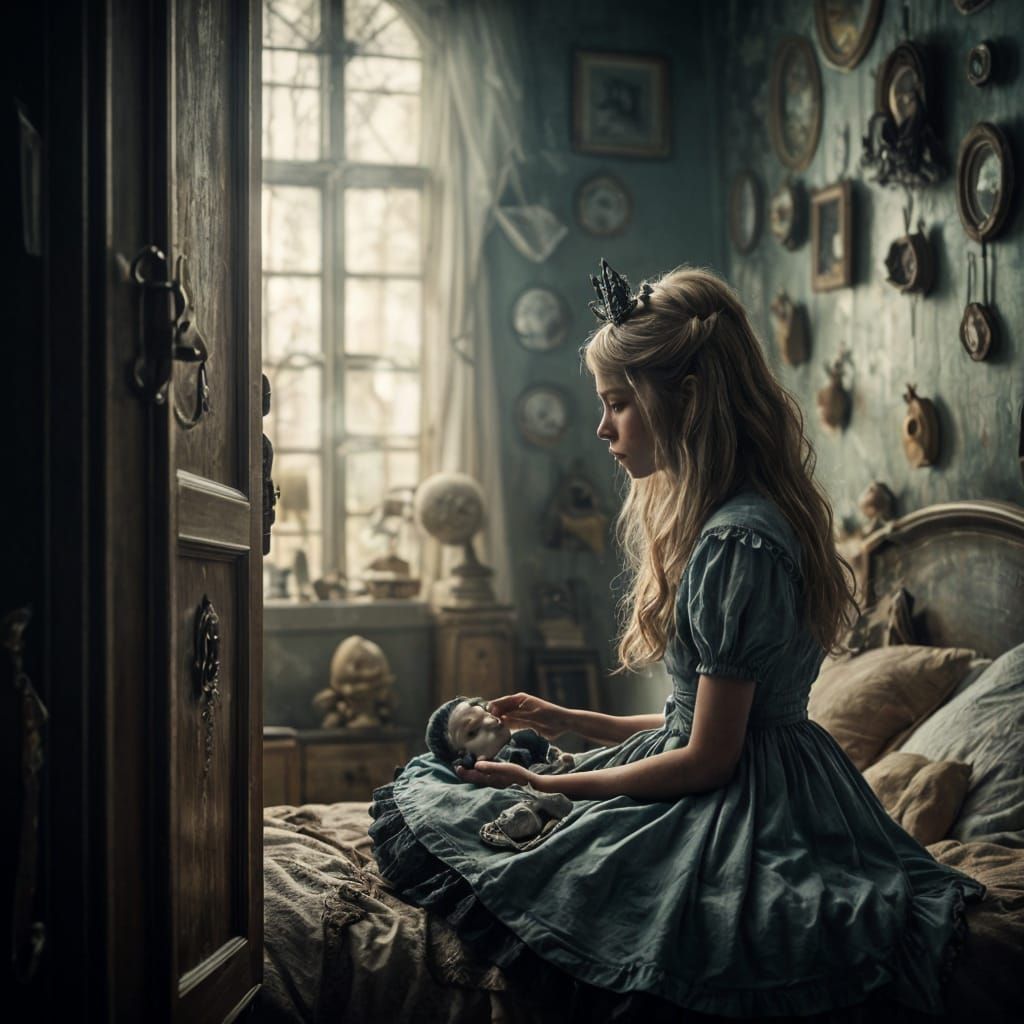 Creepy Doll Peeks from Closet Door, Hyperreal Rendering