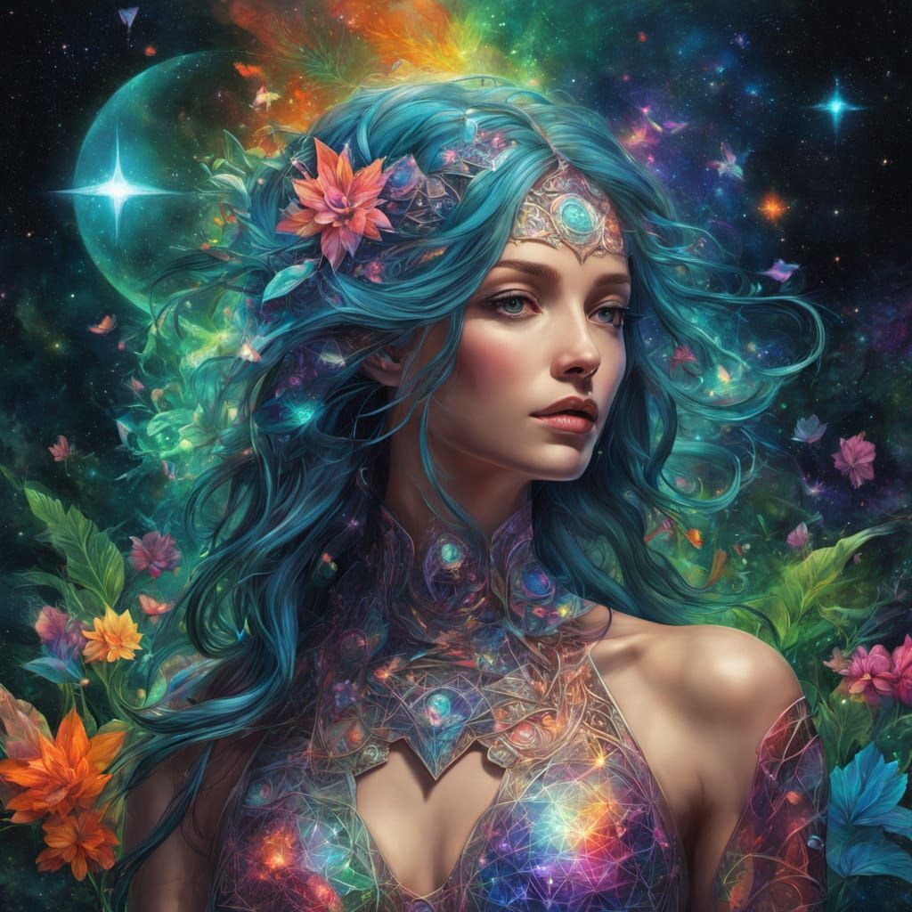 Cosmic Woman: A Surreal Oil Painting of Sacred Geometry