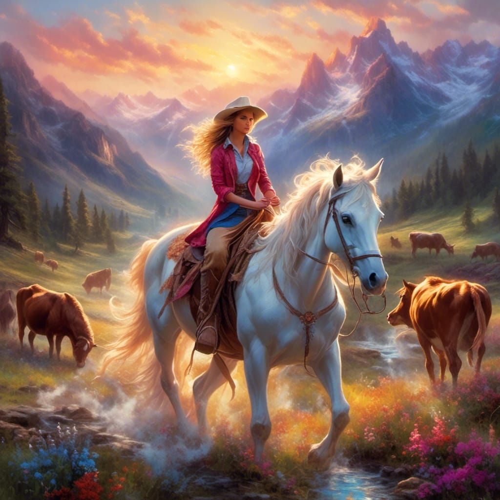 Cowgirl on Horseback at Sunset in Fantasy Style