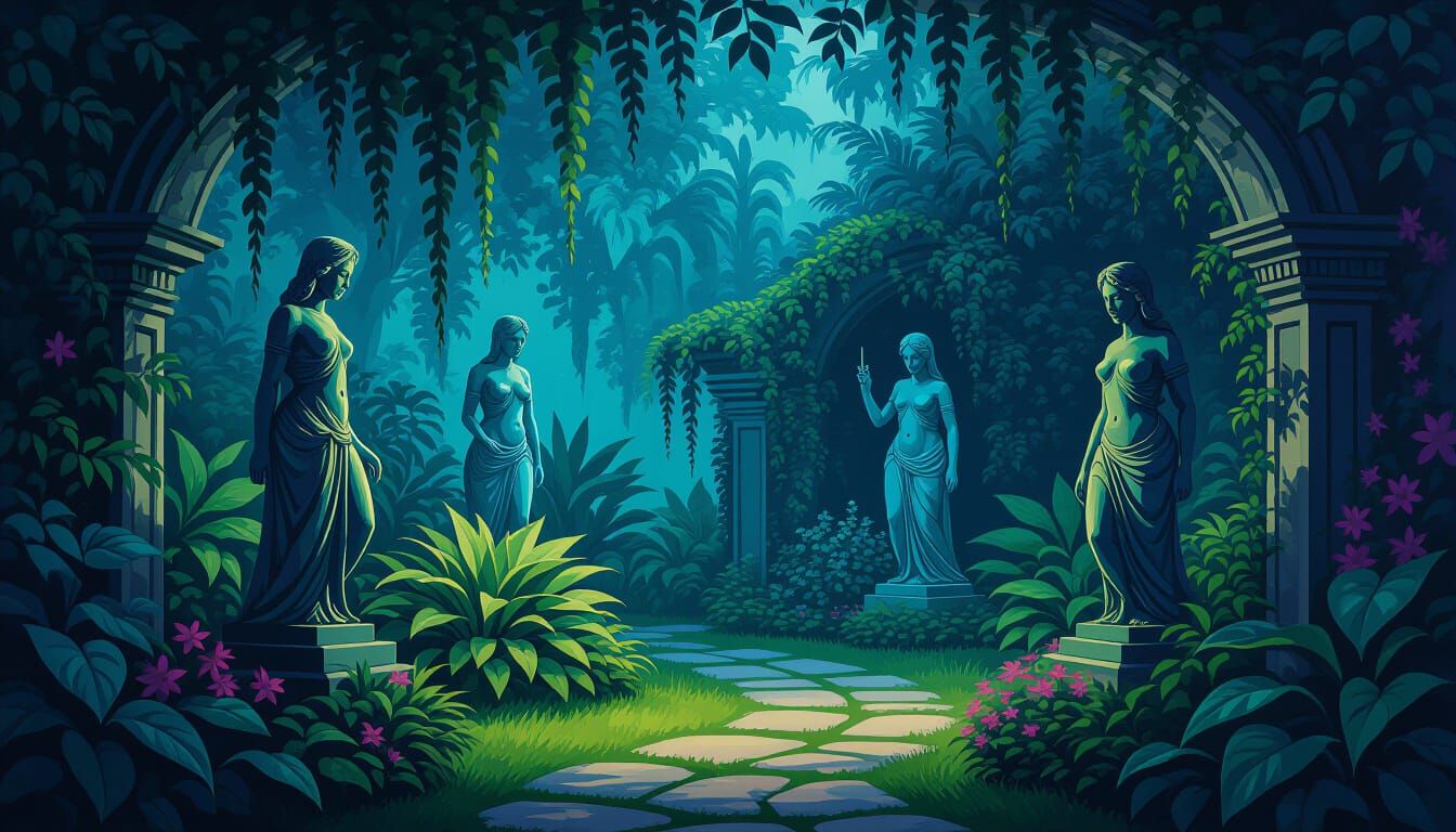 Creepy Garden with Threatening Statues Painting