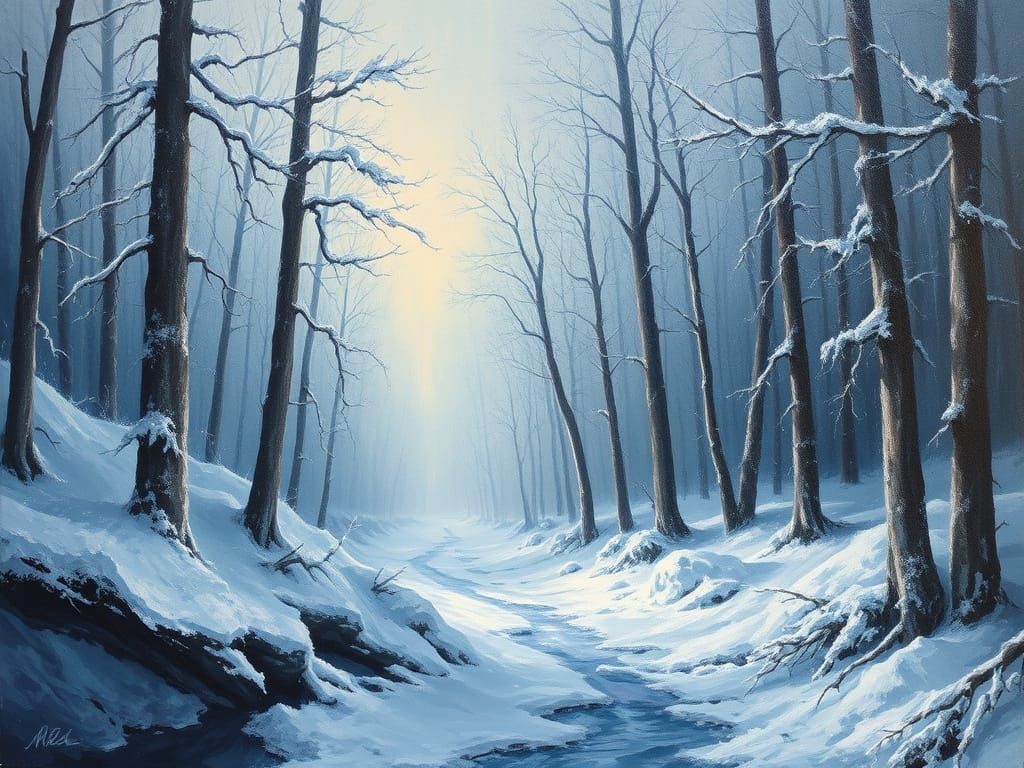 Enchanting Frozen Forest Landscape in Oil Paint