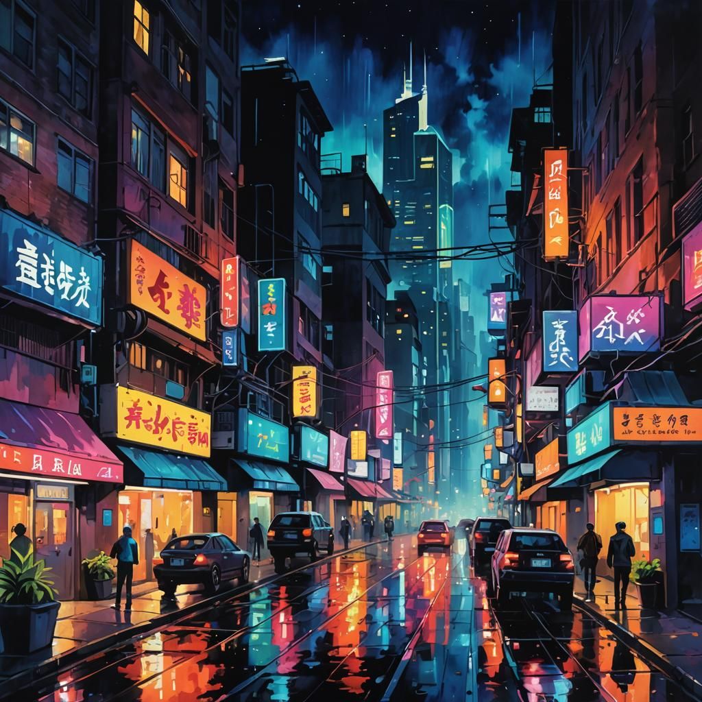 Lush Cyberpunk City at Night in Gouache Style