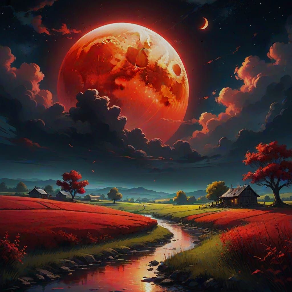 Majestic Red Moon Illuminates Countryside Night