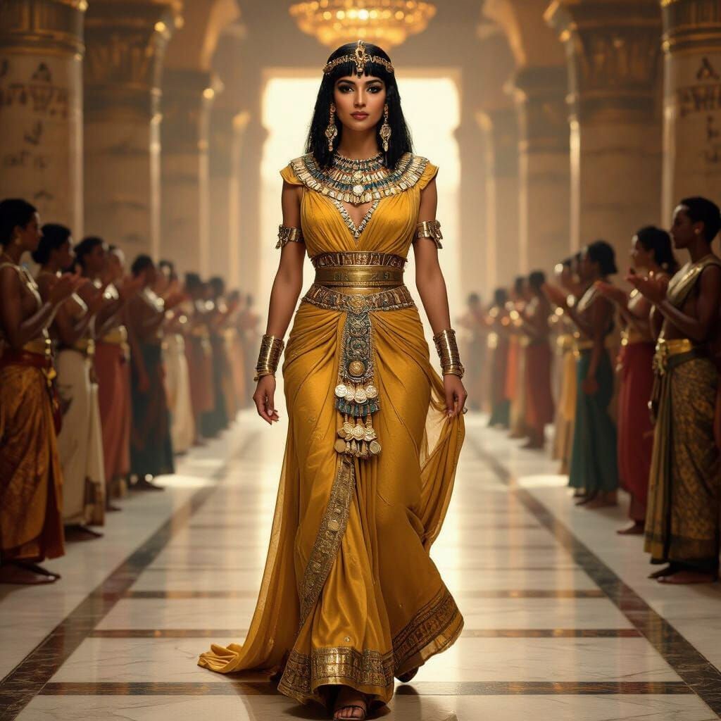 Cleopatra in Royal Gown Walking Through Palace