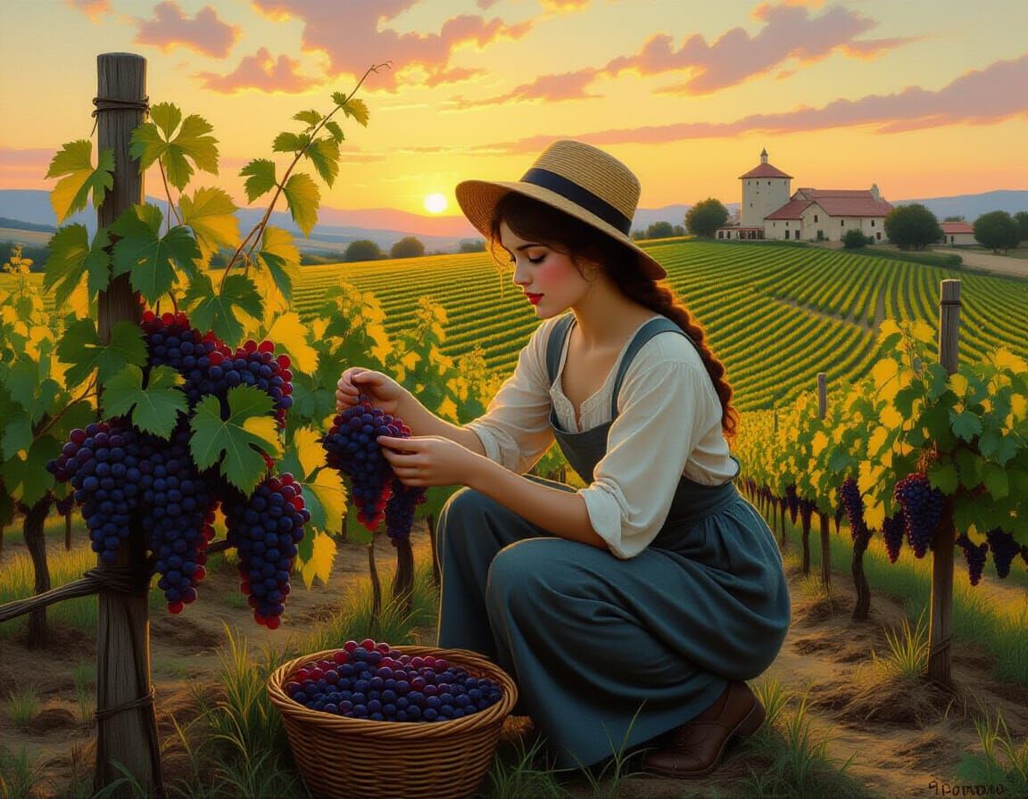 Harvest Girl in Vineyard: Pre-Raphaelite Style Painting