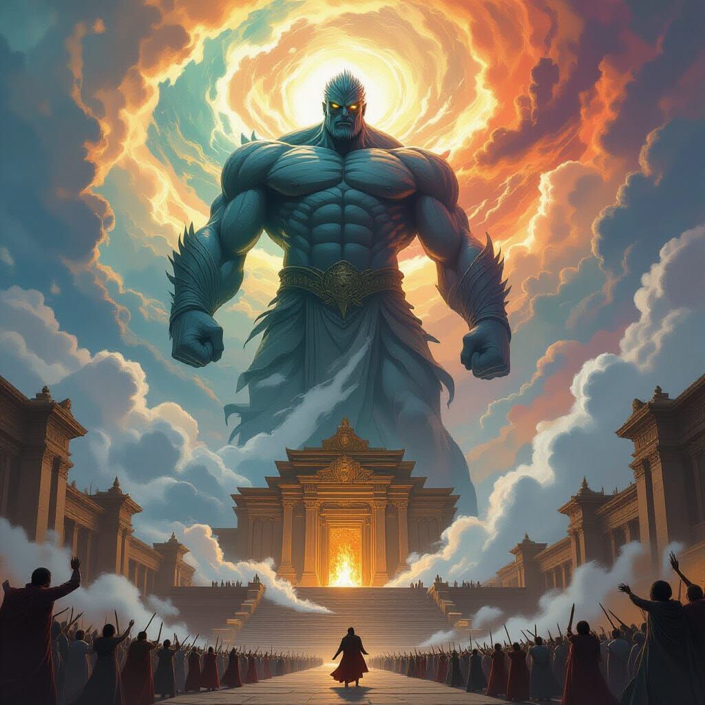 Colossal Elemental Titan Over Ornate Temple