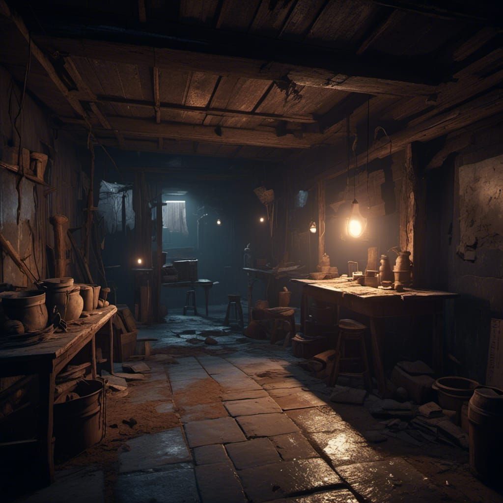 Eerie Lit Basement in Cinematic 3D Style