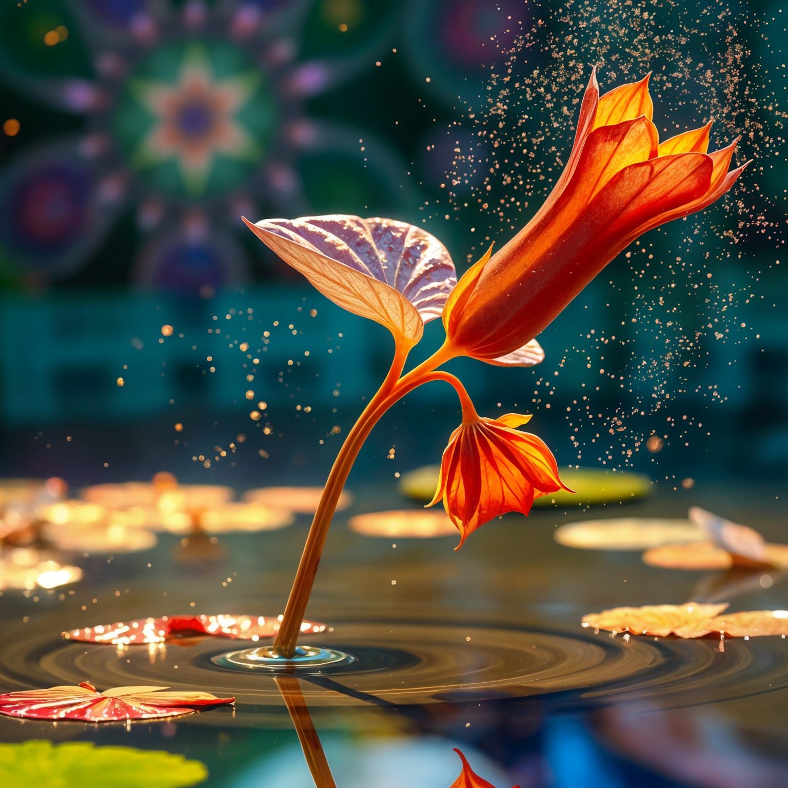 Surreal Floral Wonder Blooms Above Serene Pond