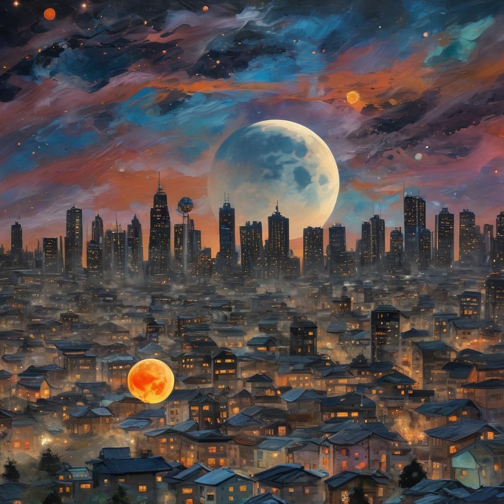Giant Super Moon Over Luminous Cityscape Painting