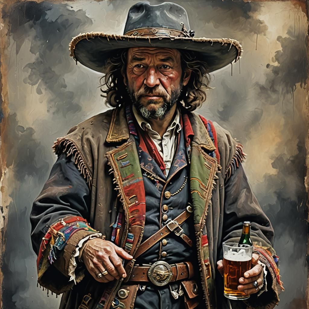 Drunk Man in Poncho with Revolver as Impasto Painting